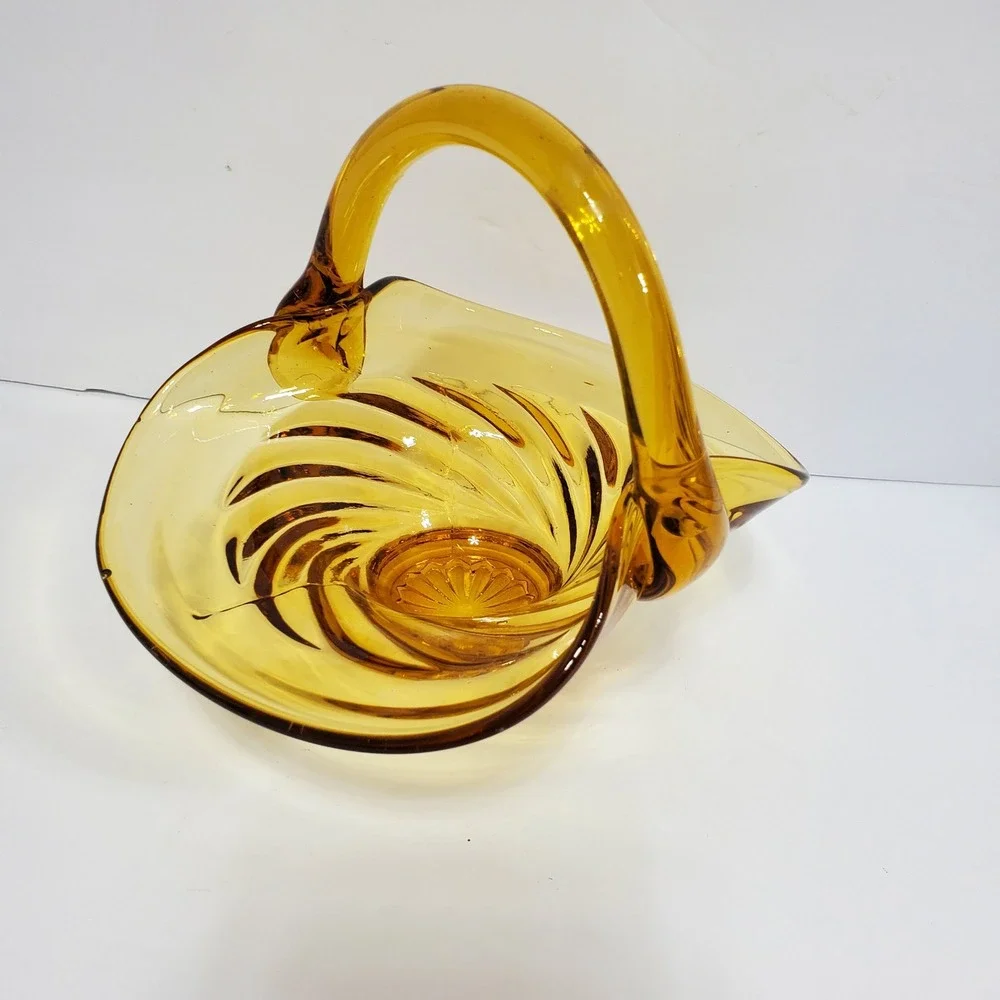 Vintage Amber Glass Swirl Basket Decor Amber Hand Blown Art Glass